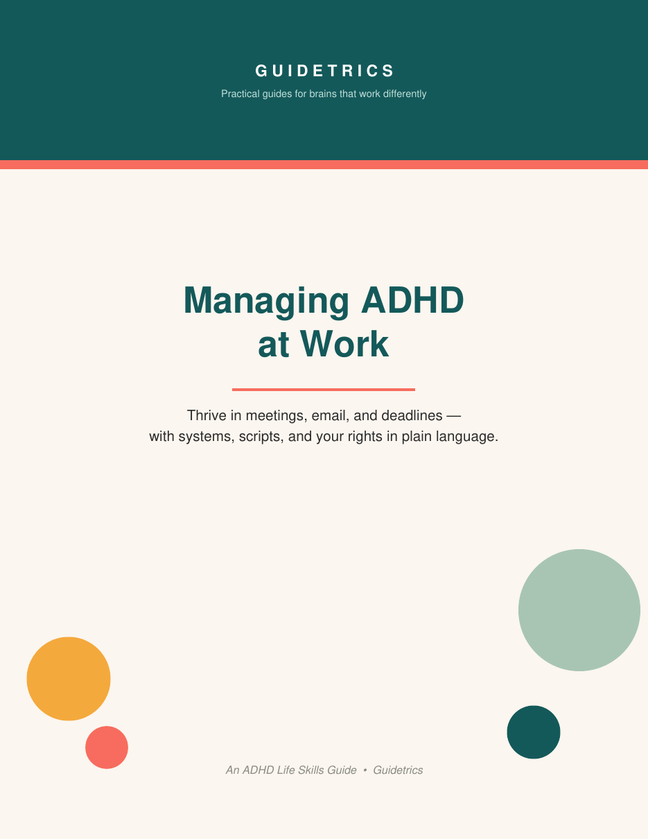 Cover of Managing ADHD at Work, a workplace strategies PDF guide by Guidetrics