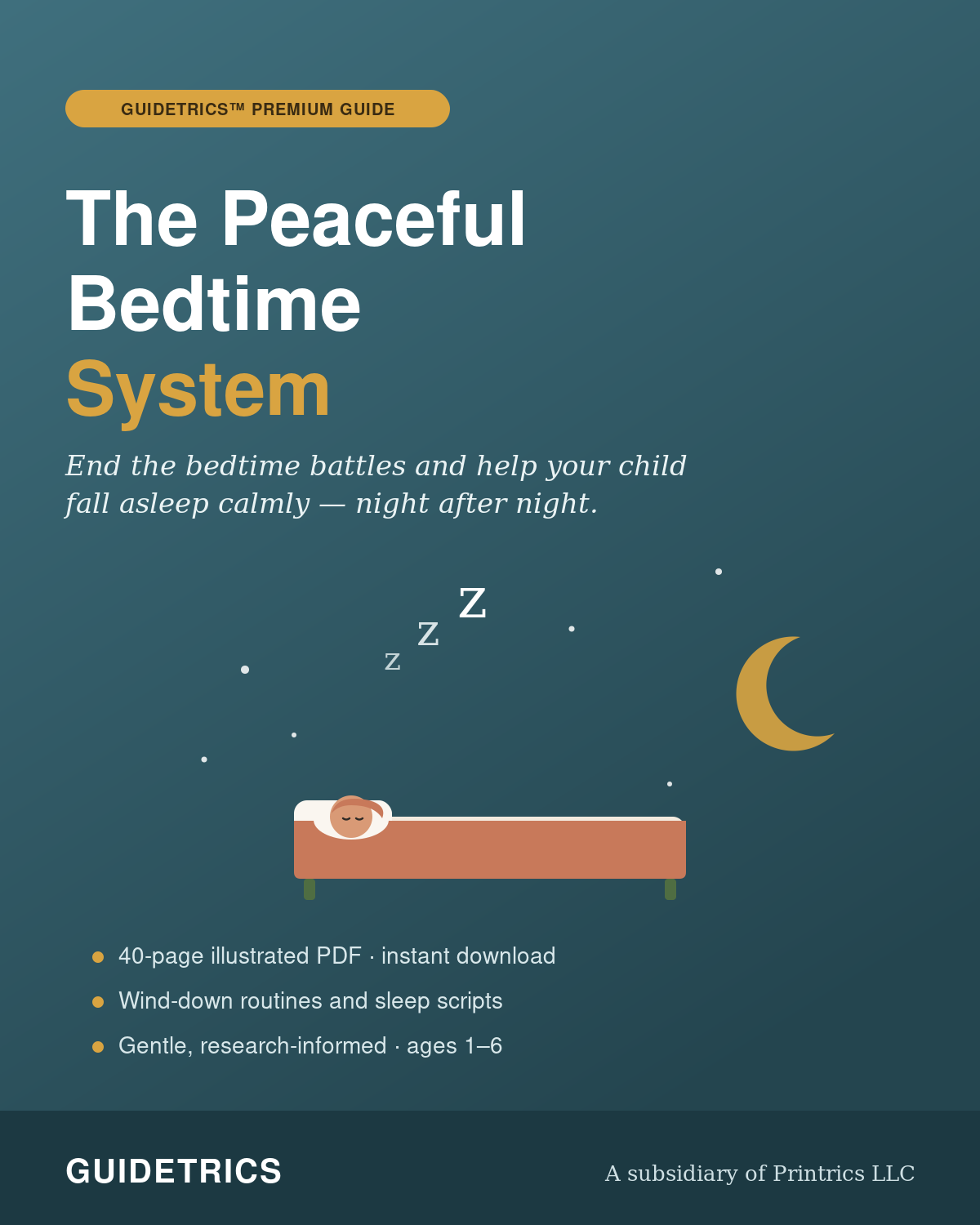 Cover of The Peaceful Bedtime System, a gentle bedtime-routine parenting PDF guide by Guidetrics