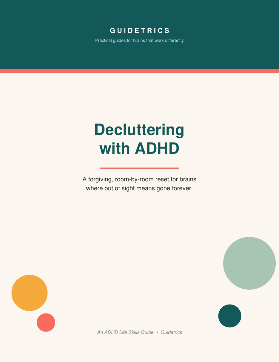 Cover of Decluttering with ADHD, a room-by-room decluttering PDF guide by Guidetrics