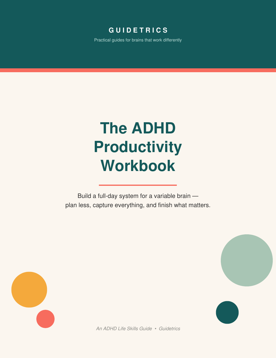 Cover of The ADHD Productivity Workbook, a printable daily-planning PDF guide by Guidetrics