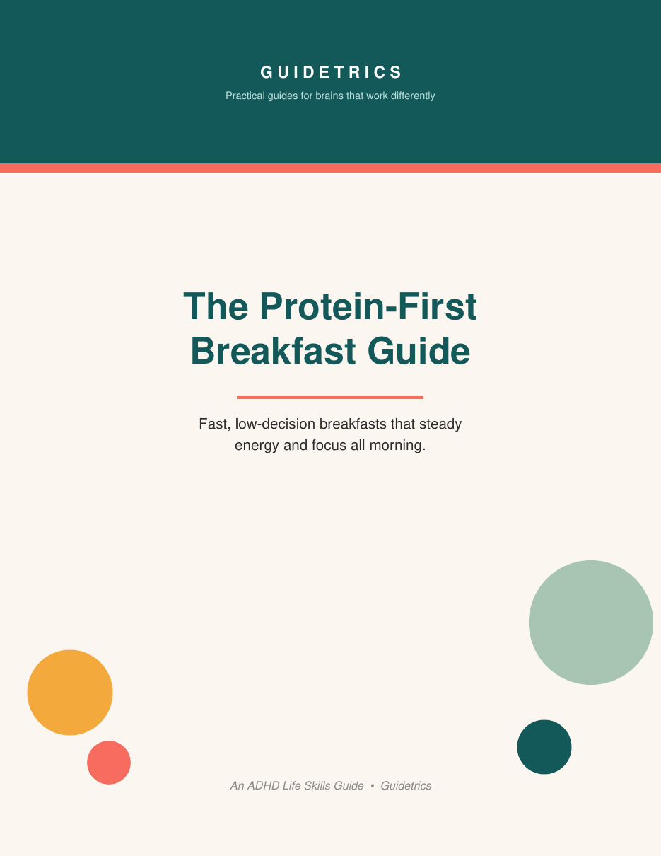 Cover of The Protein-First Breakfast Guide, an ADHD-friendly recipe PDF guide by Guidetrics
